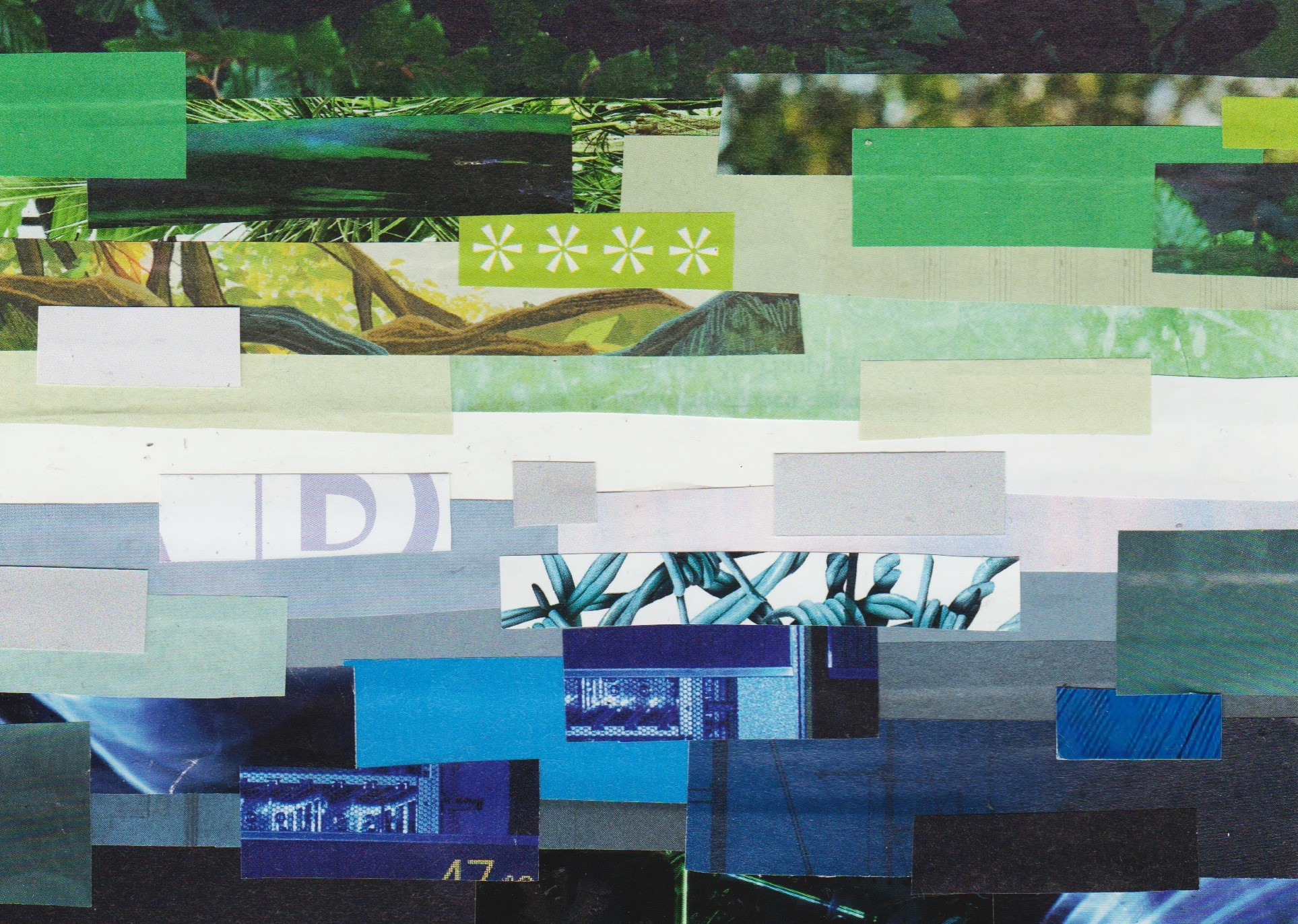 a gay (m l m) flag (from top to bottom: dark green, green, light greenish-blue, white, light blue, blue, dark blue) made out of scrap paper strips