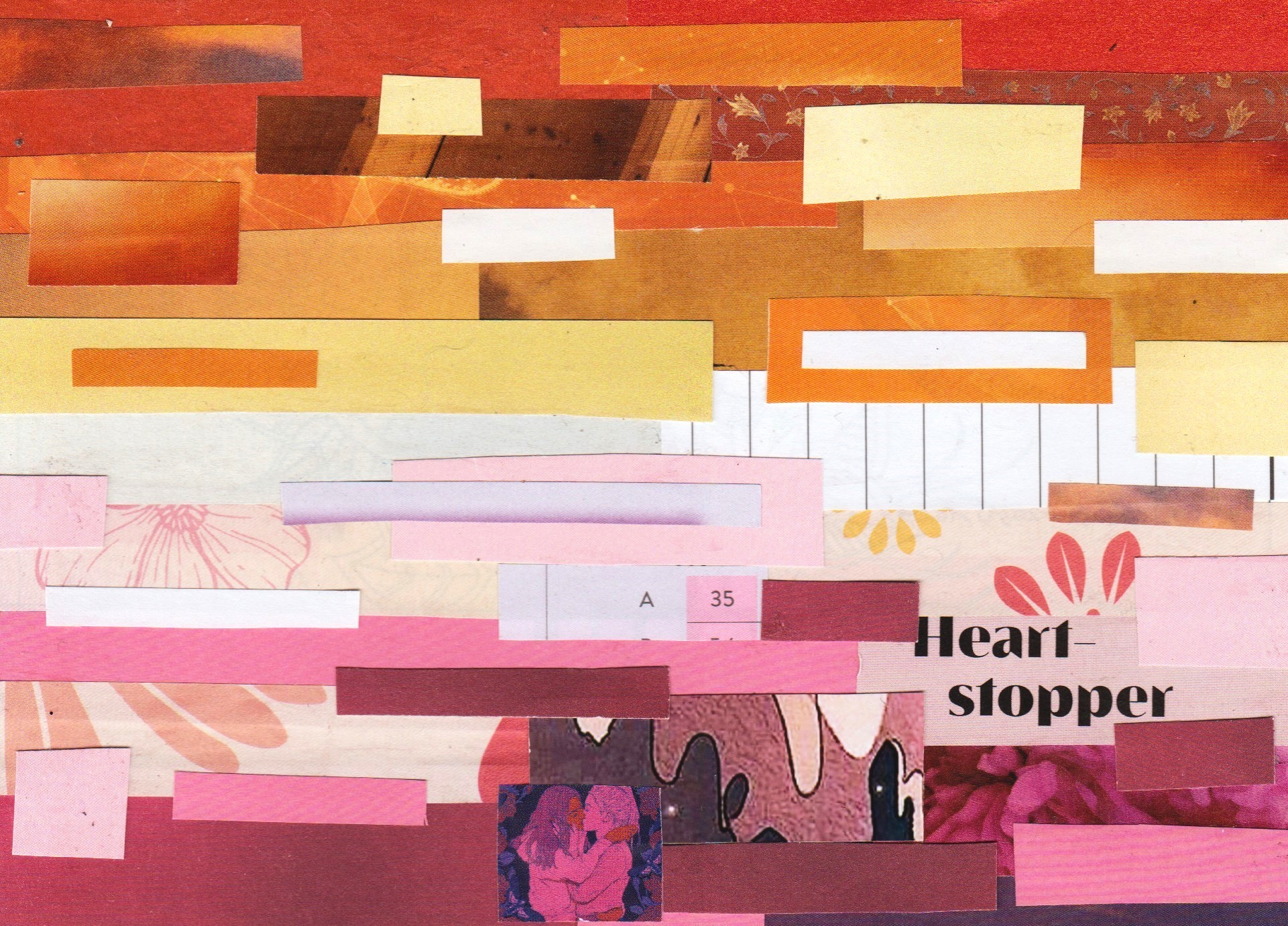 a lesbian (w l w) flag (from top to bottom: red, orange, yellow, white, light pink /rose, pink, dark pink) made out of scrap paper strips