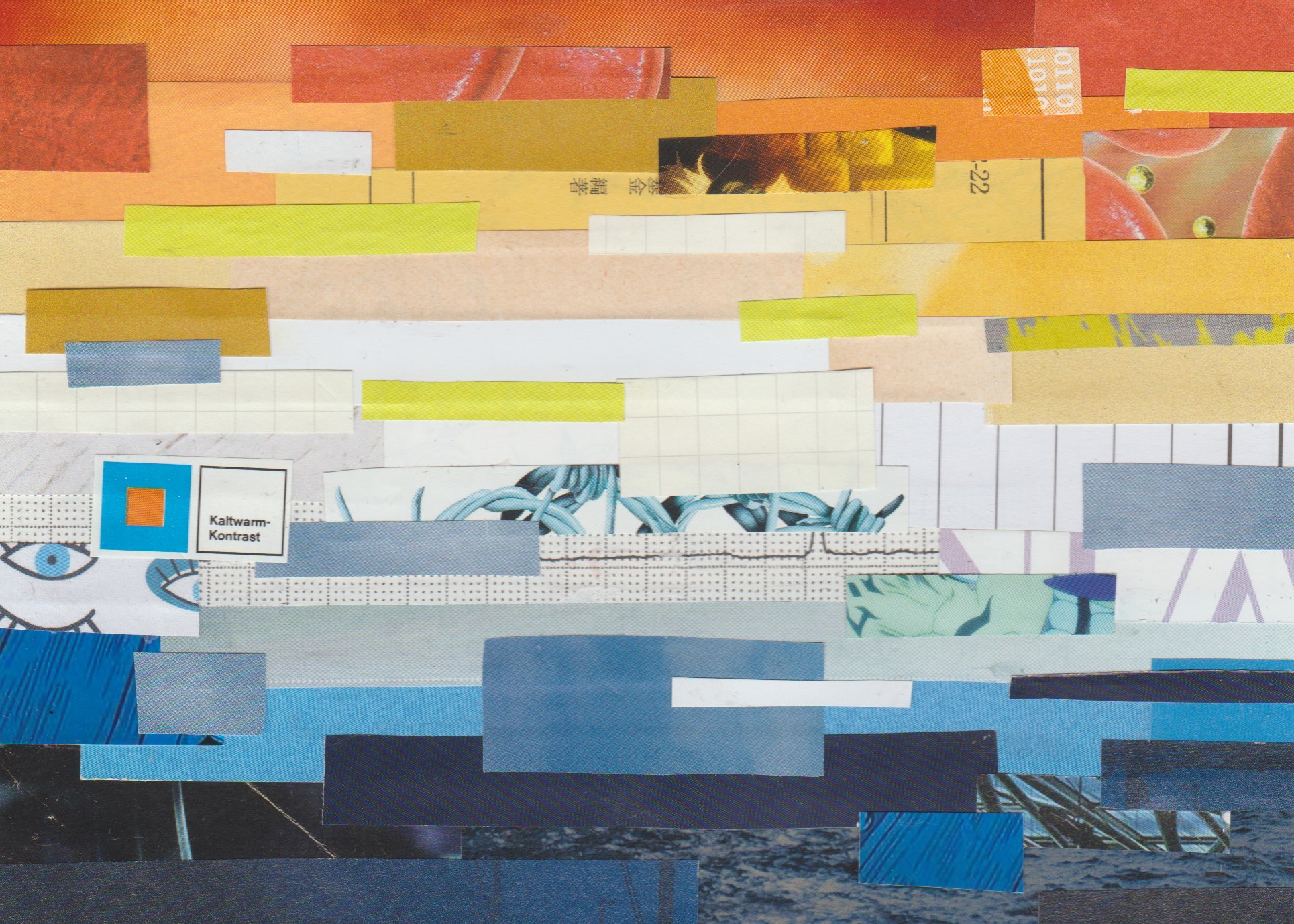 an aroae flag (from top to bottom: orange, yellow, white, bright blue, darker blue) made out of scrap paper strips