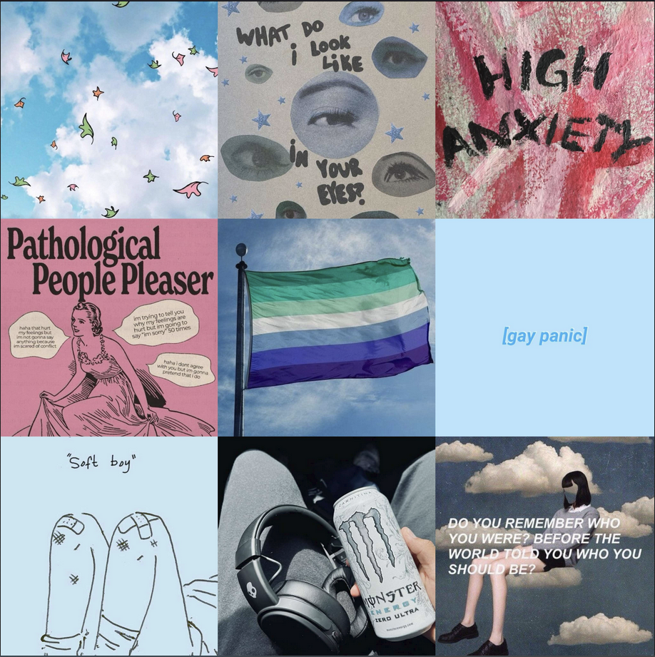 a 3 by 3 moodboard, mostly blue and pink, the overall themes are social anxiety and being gay. the pictures are 1) a blue sky with some drawn leaves, from heartstopper, 2) a collage with eyes, stars and a writing that asks what do i look like in your eyes, 3) 'high anxiety', written in chalk 4) 'pathological people pleaser', an illustration of a woman and some speech bubbles 5) a gay mlm pride flag, 6) the words 'gay panic', 7) an line art illustration of banged up knees with the words 'soft boy', 8) somone holding a white monster energy drink can and over-ear headphones and 9) another collage of a faceless person sitting on some clouds with the question 'do you remember who you were before the world told you who you should be'