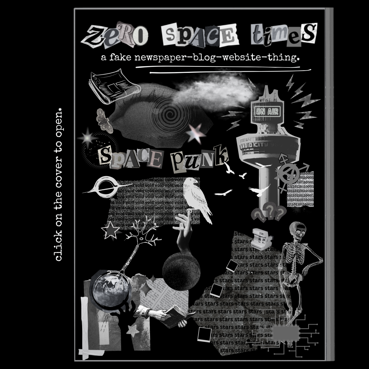 a collage of stuff meant to look like a magazine cover. it's mostly black and white and has a lot of stars. if you click on it, you get to the website.